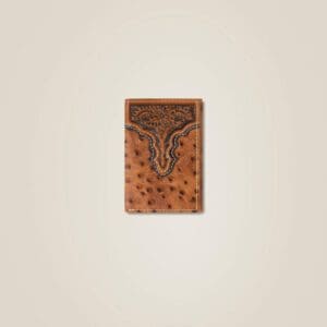 A brown leather wallet with an elephant design.