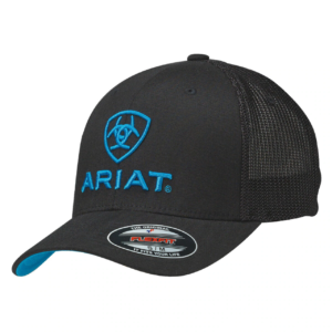 A black and blue hat with the word ariat on it.