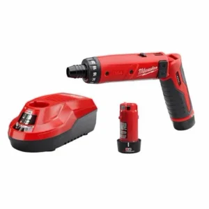 A red and black cordless screwdriver with batteries