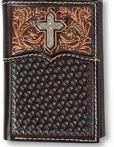 A brown wallet with a cross on it