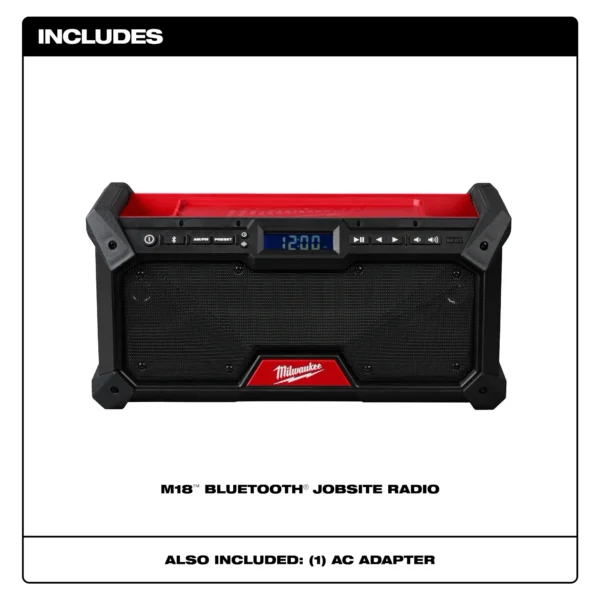 A red and black speaker is on display.