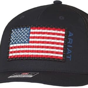 A black hat with an american flag patch on it.