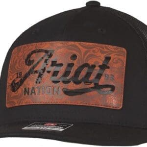 A black hat with a brown patch on it
