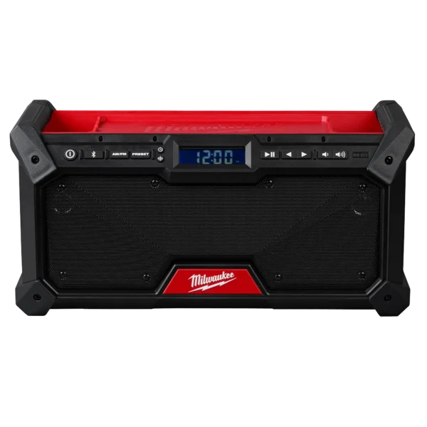 A red and black speaker with an alarm clock.