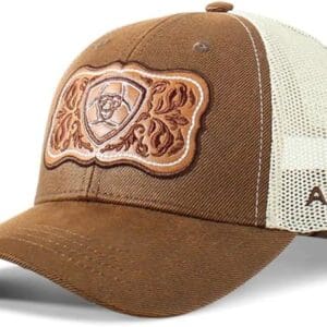 A brown hat with a leather patch on it.