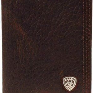 A brown wallet with a silver shield on the front.