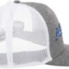 A gray hat with a white mesh back and a blue logo.