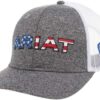 A gray hat with the word " ariat " on it.