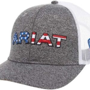 A gray hat with the word " ariat " on it.