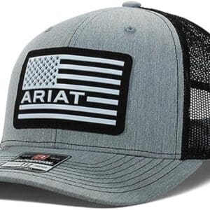 A gray hat with an american flag patch on it.