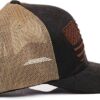 A brown and black hat with an embroidered logo.