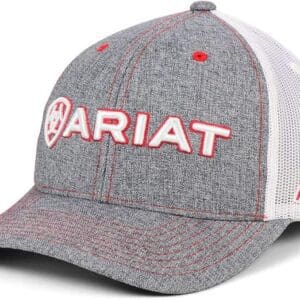 A gray and white hat with the word " ariat ".