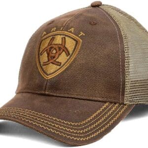 A brown hat with a tan mesh back and an emblem on the side.
