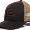 A brown hat with an american flag on it.