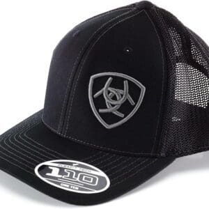 A black hat with a silver logo on it.