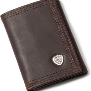 A brown wallet with a shield on the front.