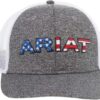A gray hat with the word " ariat " on it.