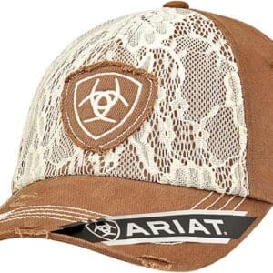 A brown and white hat with a patch on it