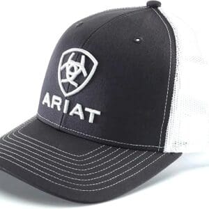 A black and white hat with the word ariat on it.