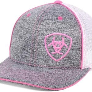 A pink and gray hat with a logo on it.