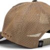 A brown and white hat with the word " armat " on it.
