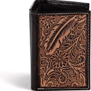 A brown wallet with a feather on it
