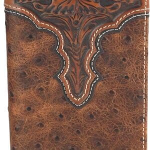 A brown wallet with an intricate design on it.
