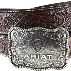 A brown belt with a silver buckle and some flowers