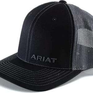 A black and grey hat with the word ariat on it.
