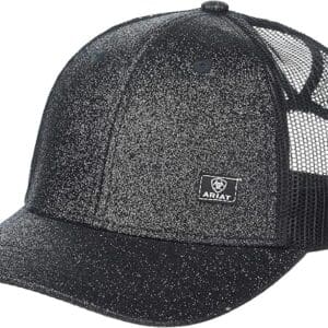 A black hat with a mesh back and a silver logo.