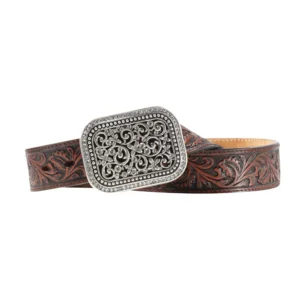 A brown belt with a silver buckle and some flowers