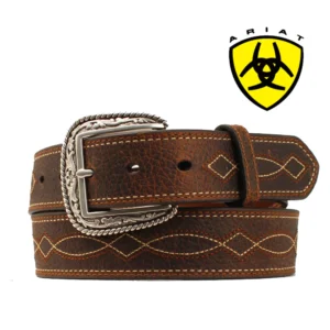 A brown leather belt with an ornate buckle.