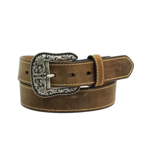 A brown leather belt with silver buckle.