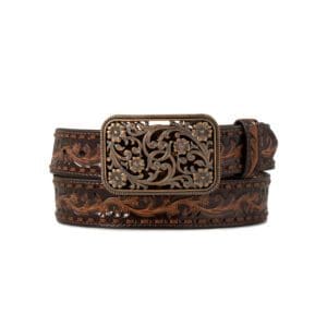 A brown belt with a metal buckle on it