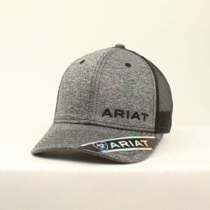 A gray and black hat with the word ariat on it.