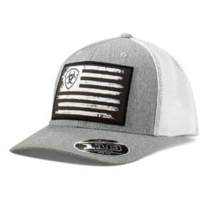A baseball cap with an american flag patch on the front.