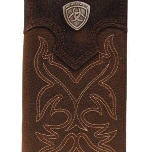 A brown wallet with a silver shield on it's front.