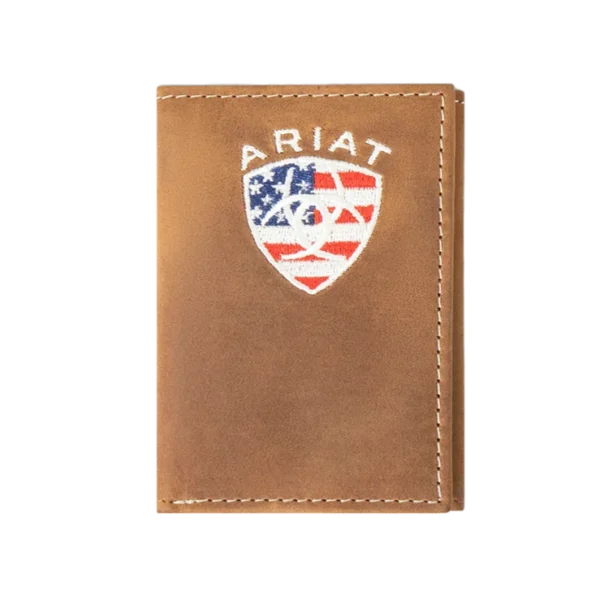 ARIAT Men's Flag Shield Tri-Fold Wallet- Aged Bark (A35548217)