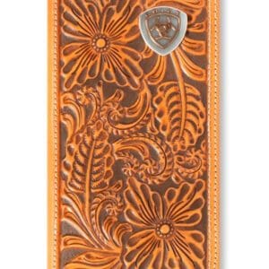 A brown and orange wallet with a metal badge on the front.