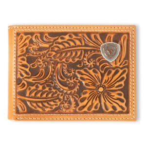 A brown and orange wallet with some paisley designs