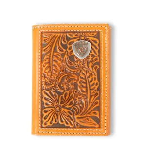 A leather wallet with a heart on the front.