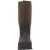 A brown and black boot is shown from the front.