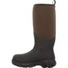 A brown and black boot is on the ground