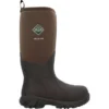 A brown muck boot with an arrow on the side.
