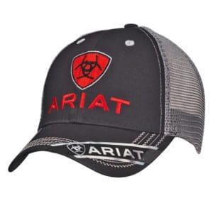 A black and red hat with the word ariat on it.