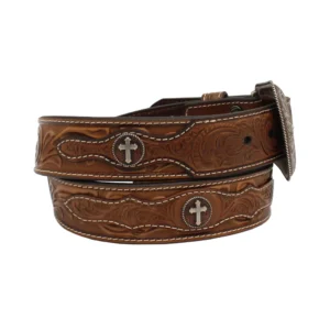 A brown leather belt with silver cross on it.