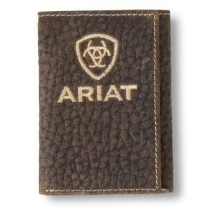 A brown wallet with the name ariat on it.