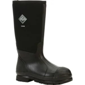 A black muck boot with a white diamond on the side.