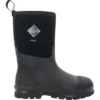 A black muck boot with a silver logo on the side.