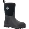 A black muck boot with a white diamond on the side.
